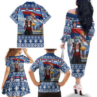 Serbia Christmas Wolf Family Matching Off The Shoulder Long Sleeve Dress and Hawaiian Shirt Vuk Serbian Mascot - Wonder Print Shop