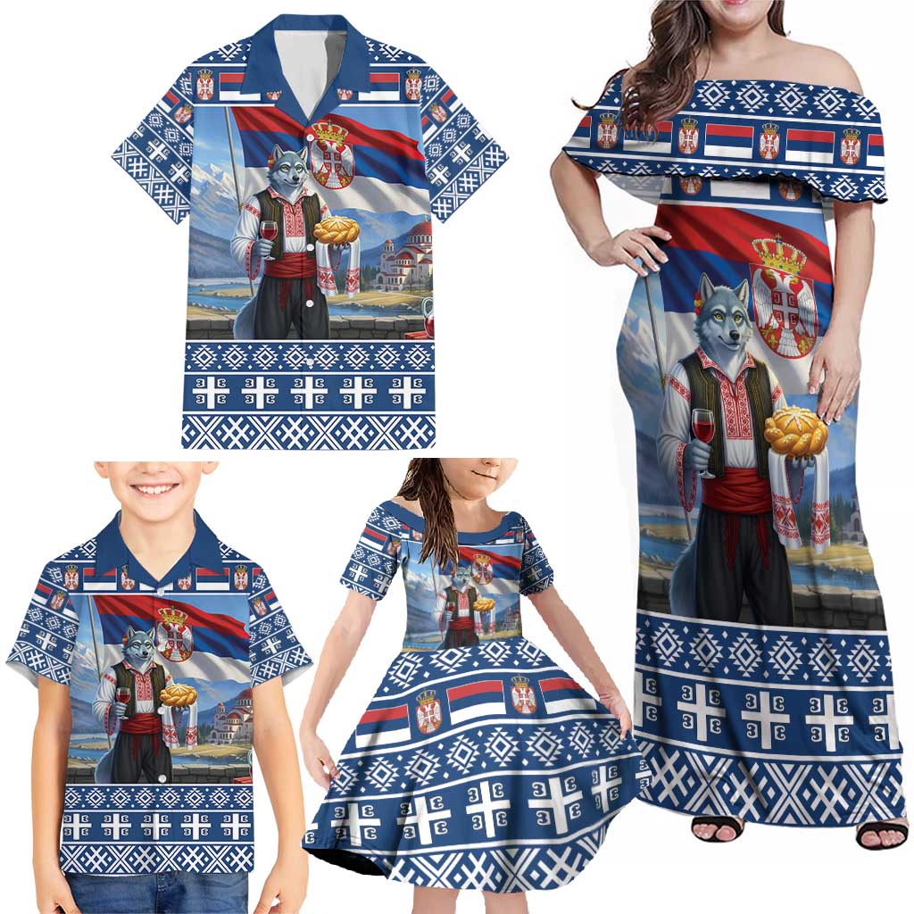 Serbia Christmas Wolf Family Matching Off Shoulder Maxi Dress and Hawaiian Shirt Vuk Serbian Mascot - Wonder Print Shop