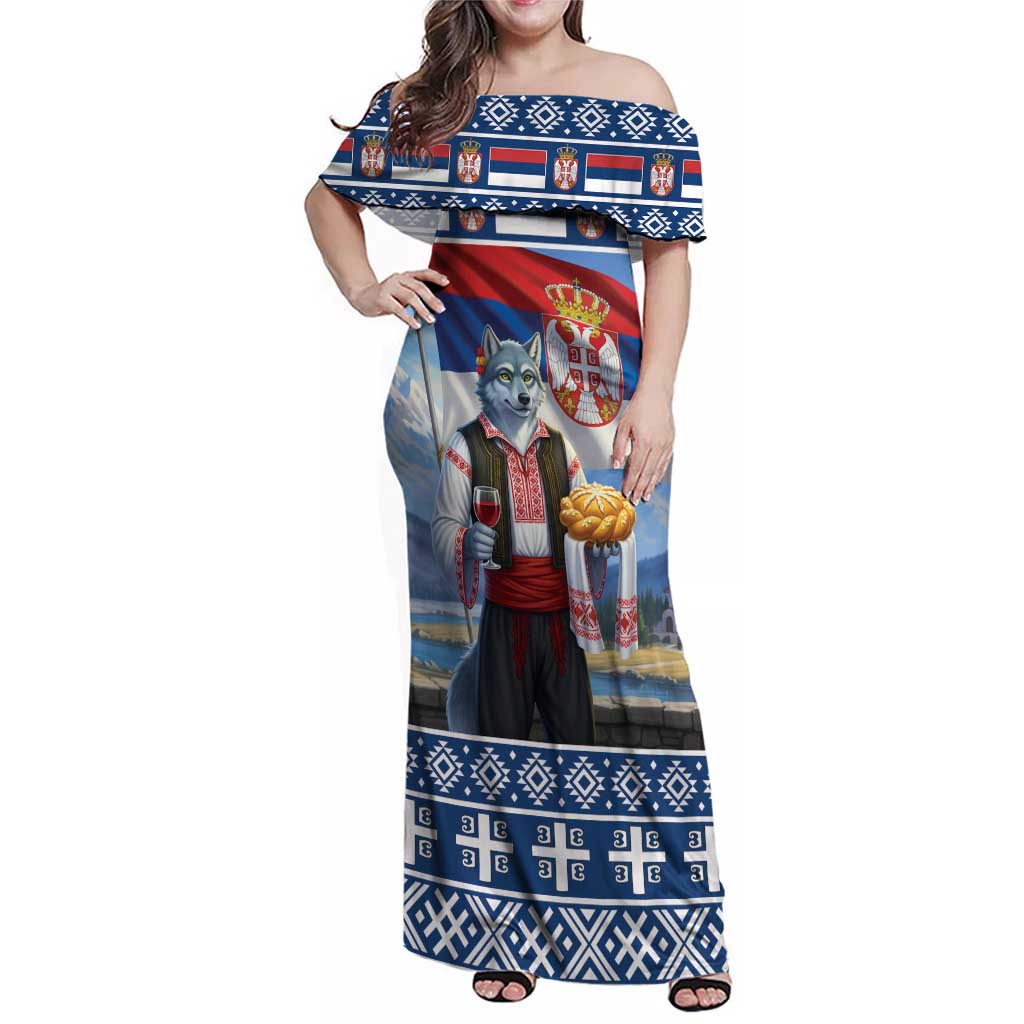 Serbia Christmas Wolf Family Matching Off Shoulder Maxi Dress and Hawaiian Shirt Vuk Serbian Mascot - Wonder Print Shop