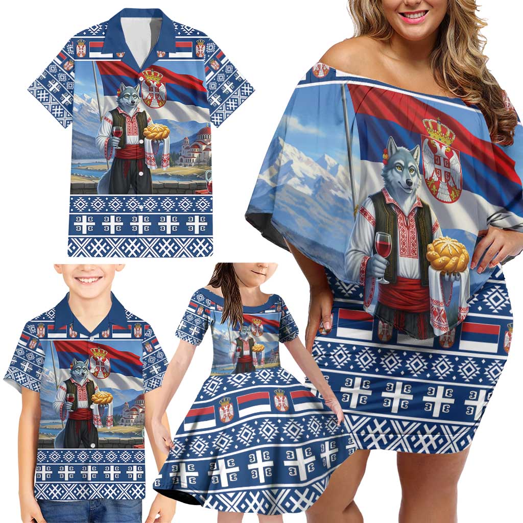 Serbia Christmas Wolf Family Matching Off Shoulder Short Dress and Hawaiian Shirt Vuk Serbian Mascot - Wonder Print Shop