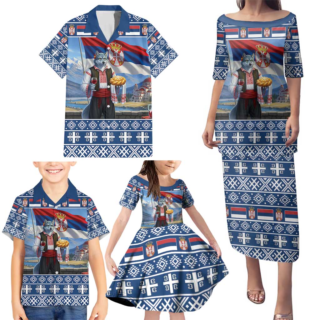 Serbia Christmas Wolf Family Matching Puletasi and Hawaiian Shirt Vuk Serbian Mascot - Wonder Print Shop