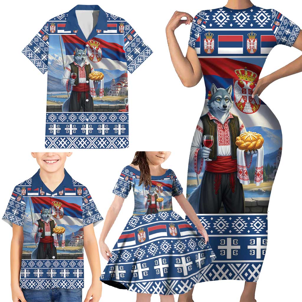 Serbia Christmas Wolf Family Matching Short Sleeve Bodycon Dress and Hawaiian Shirt Vuk Serbian Mascot - Wonder Print Shop