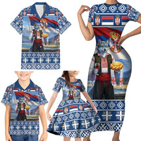 Serbia Christmas Wolf Family Matching Short Sleeve Bodycon Dress and Hawaiian Shirt Vuk Serbian Mascot - Wonder Print Shop