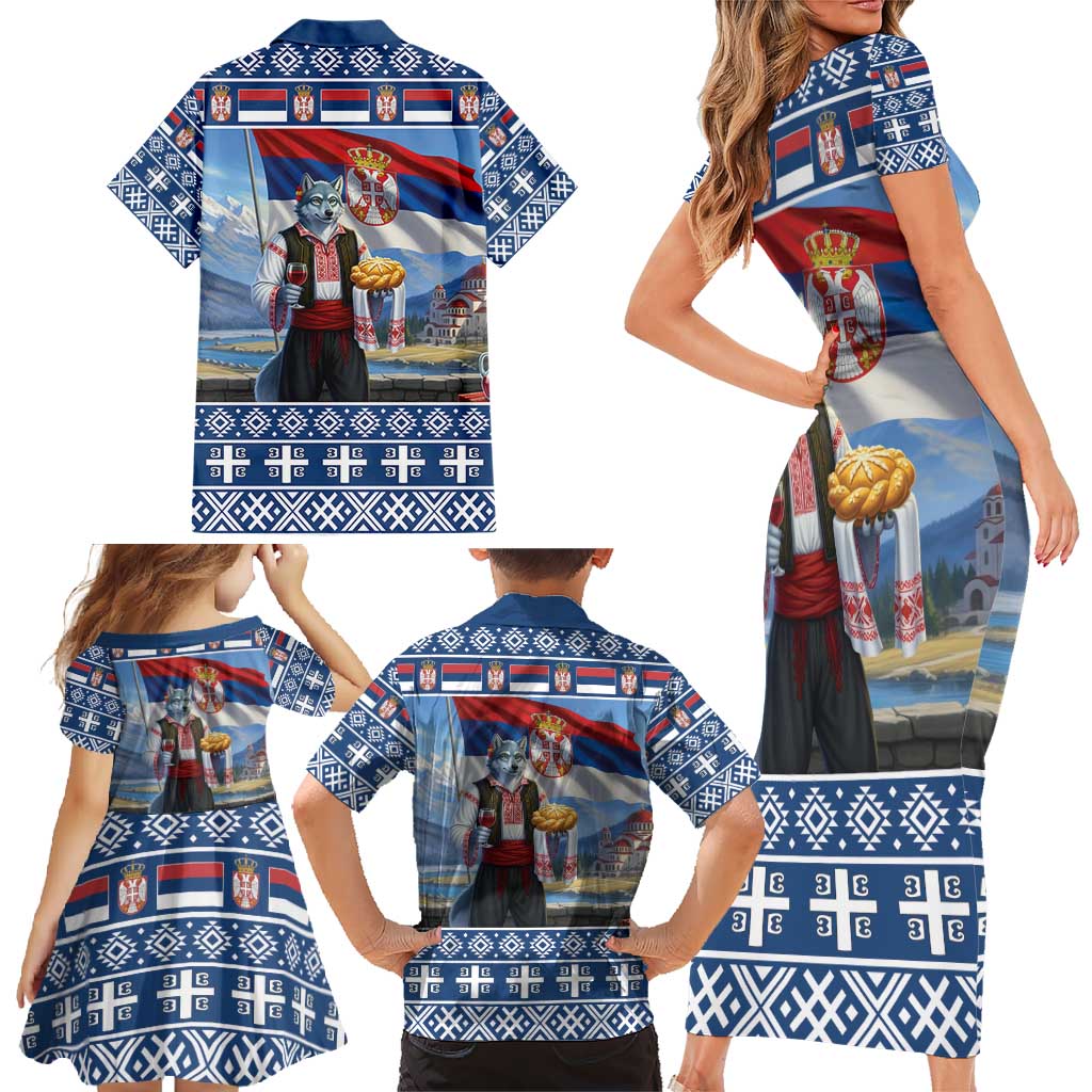 Serbia Christmas Wolf Family Matching Short Sleeve Bodycon Dress and Hawaiian Shirt Vuk Serbian Mascot - Wonder Print Shop