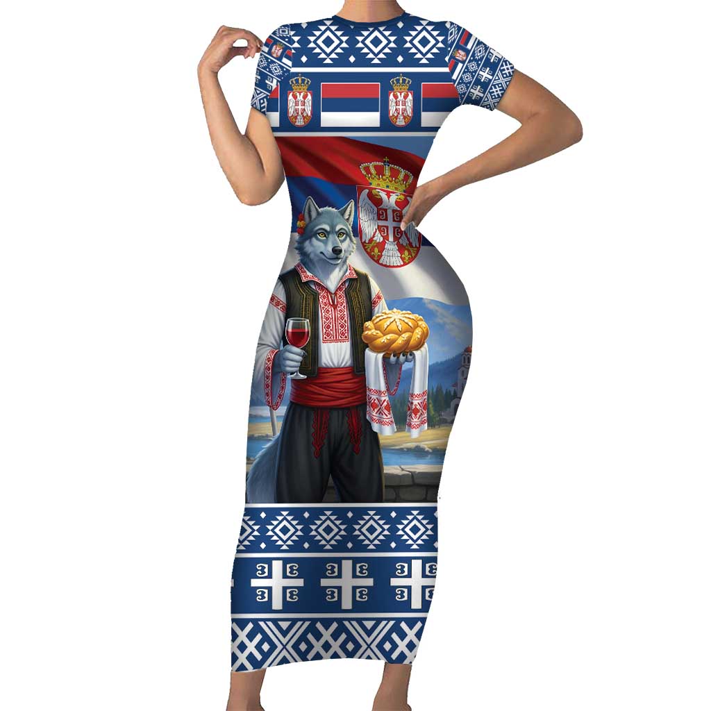 Serbia Christmas Wolf Family Matching Short Sleeve Bodycon Dress and Hawaiian Shirt Vuk Serbian Mascot - Wonder Print Shop