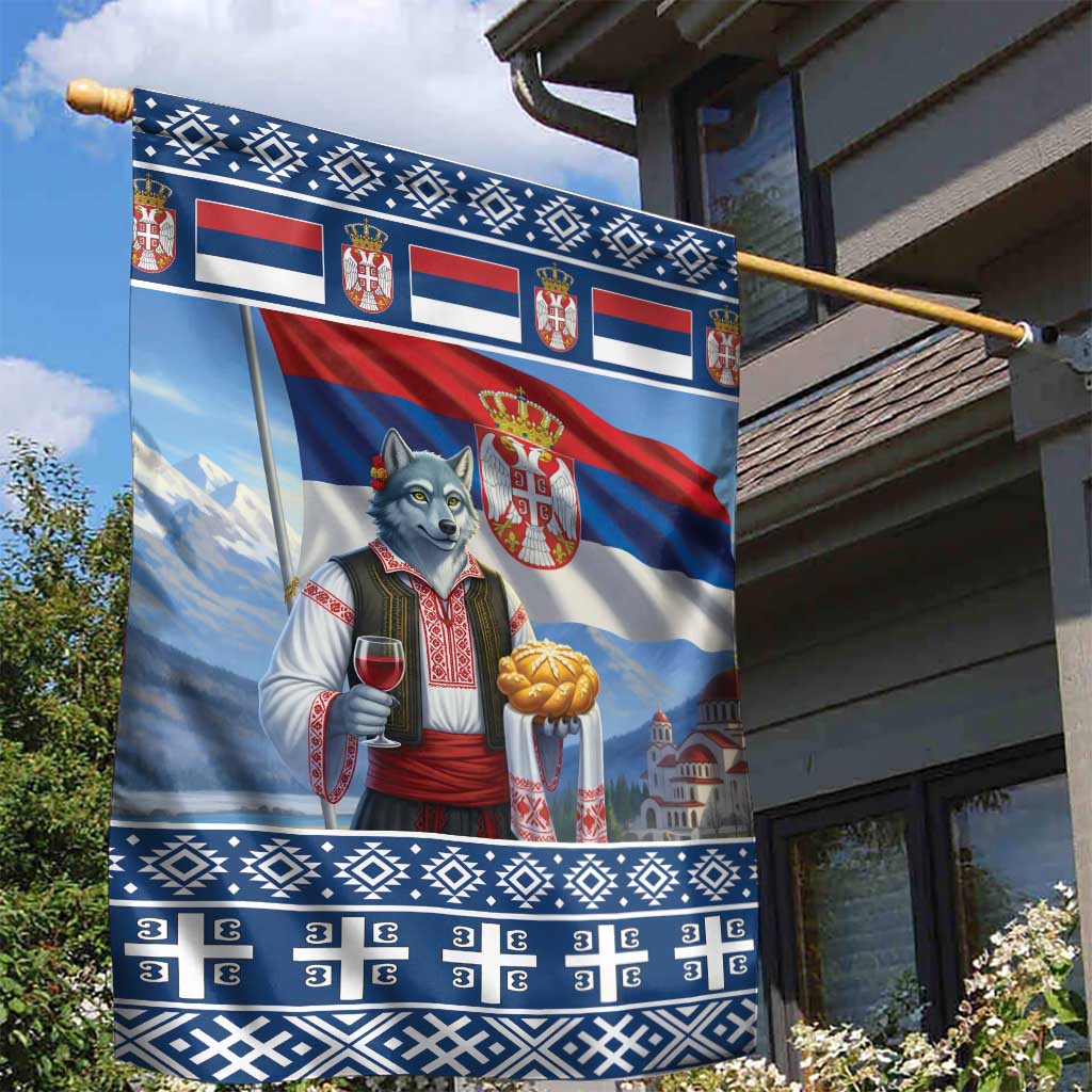 Serbia Christmas Wolf Garden Flag Vuk Serbian Mascot - Wonder Print Shop