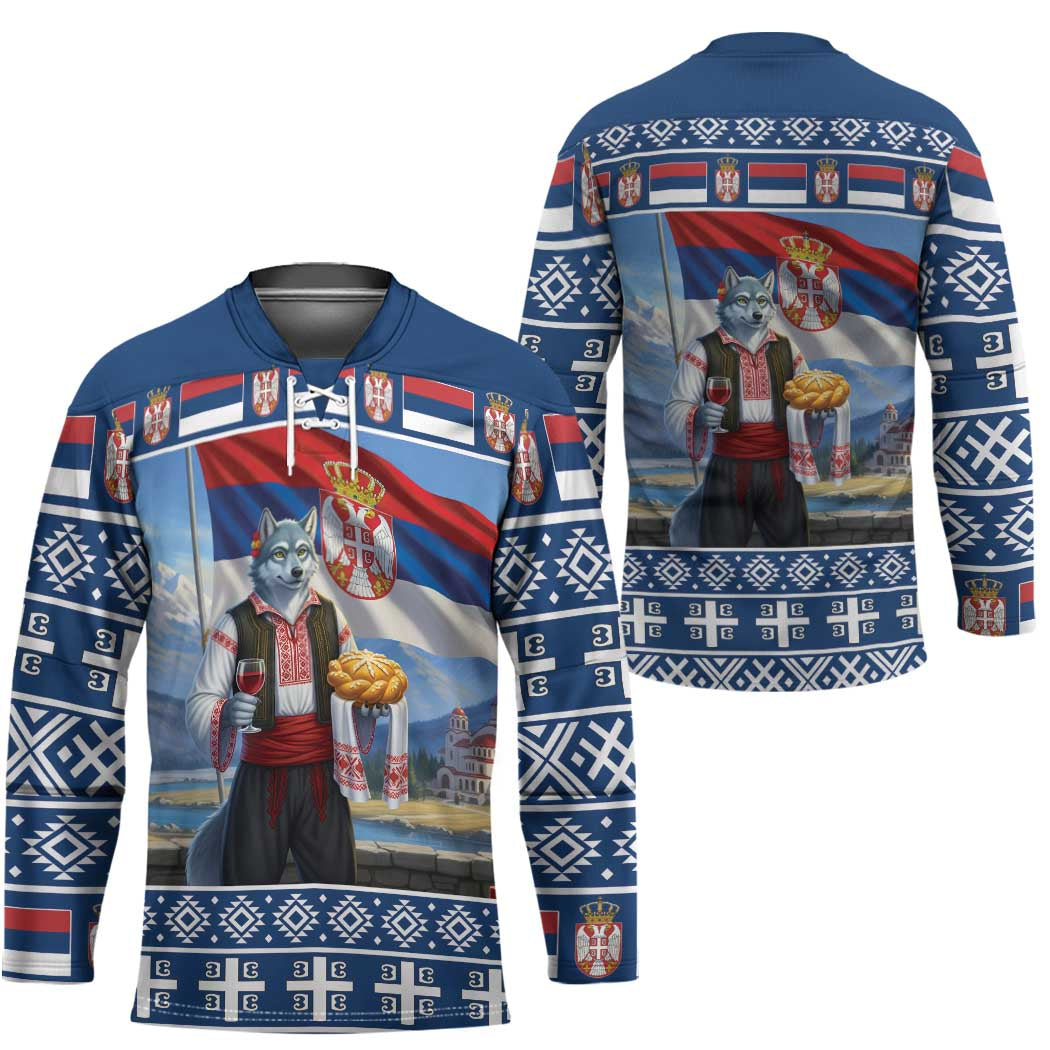 Serbia Christmas Wolf Hockey Jersey Vuk Serbian Mascot - Wonder Print Shop