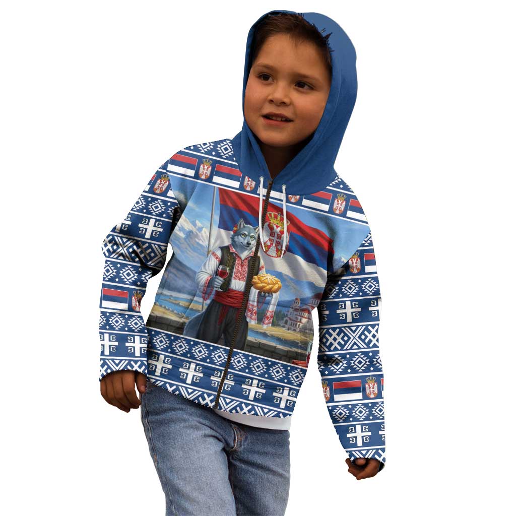 Serbia Christmas Wolf Kid Hoodie Vuk Serbian Mascot - Wonder Print Shop