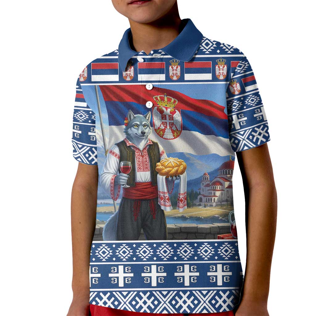 Serbia Christmas Wolf Kid Polo Shirt Vuk Serbian Mascot - Wonder Print Shop