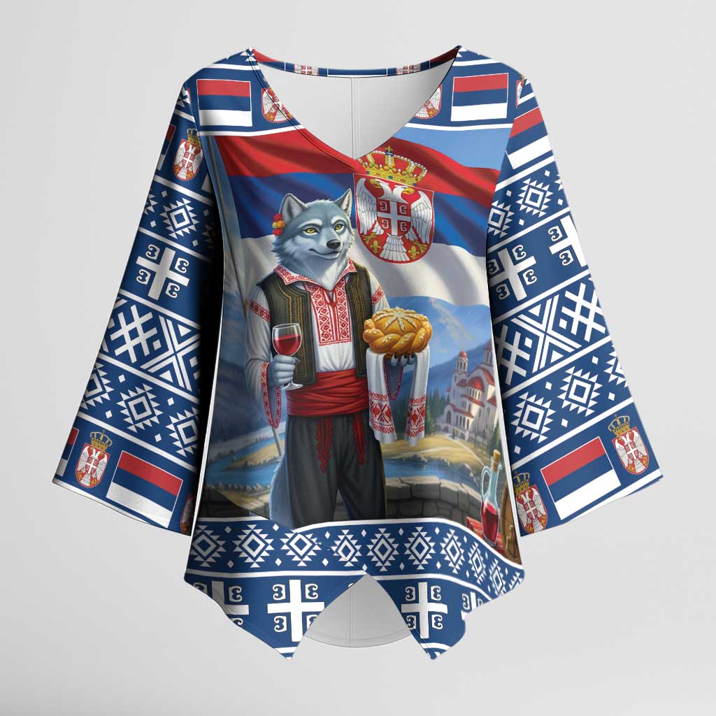 Serbia Christmas Wolf Kimono Sleeve Blouse Vuk Serbian Mascot - Wonder Print Shop