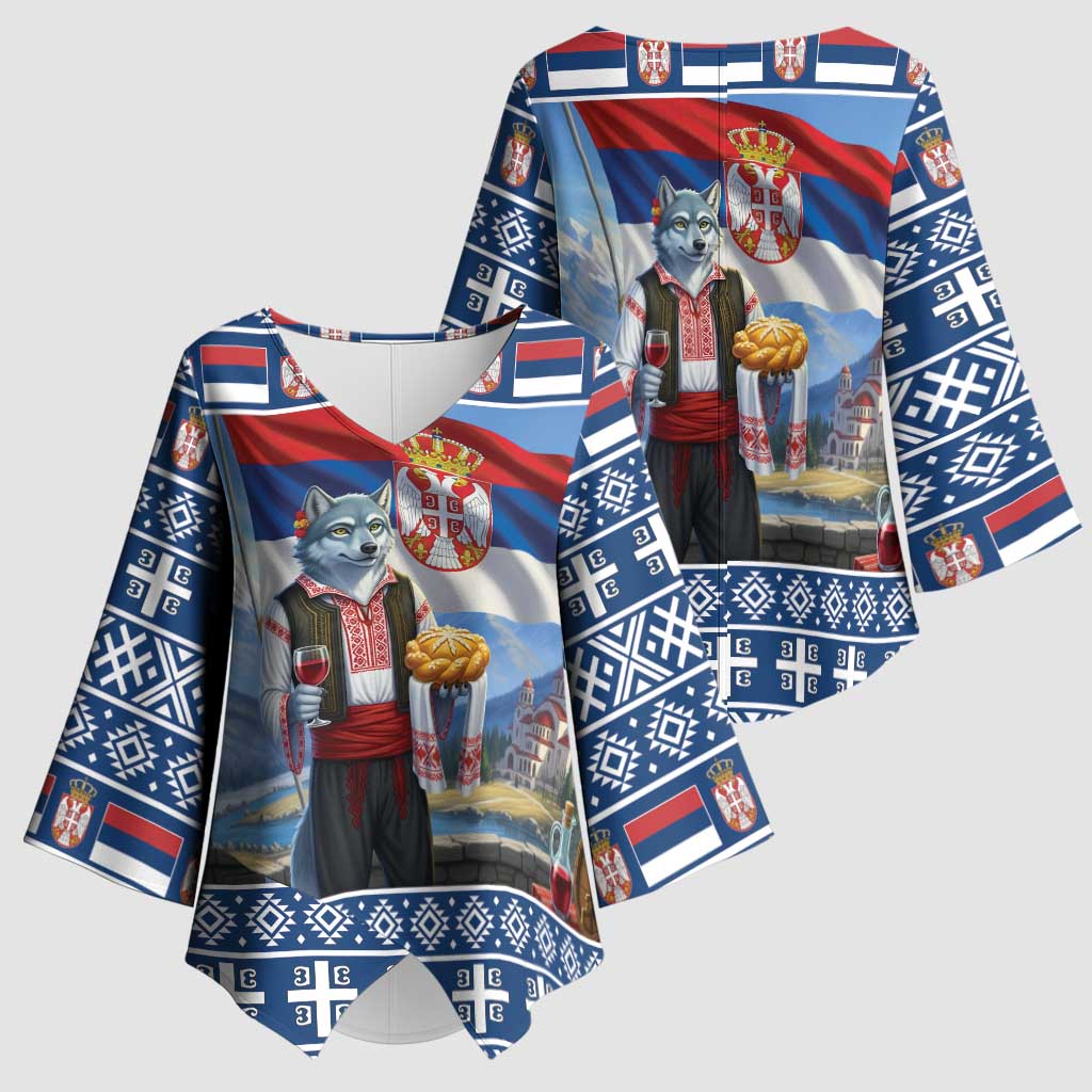 Serbia Christmas Wolf Kimono Sleeve Blouse Vuk Serbian Mascot - Wonder Print Shop