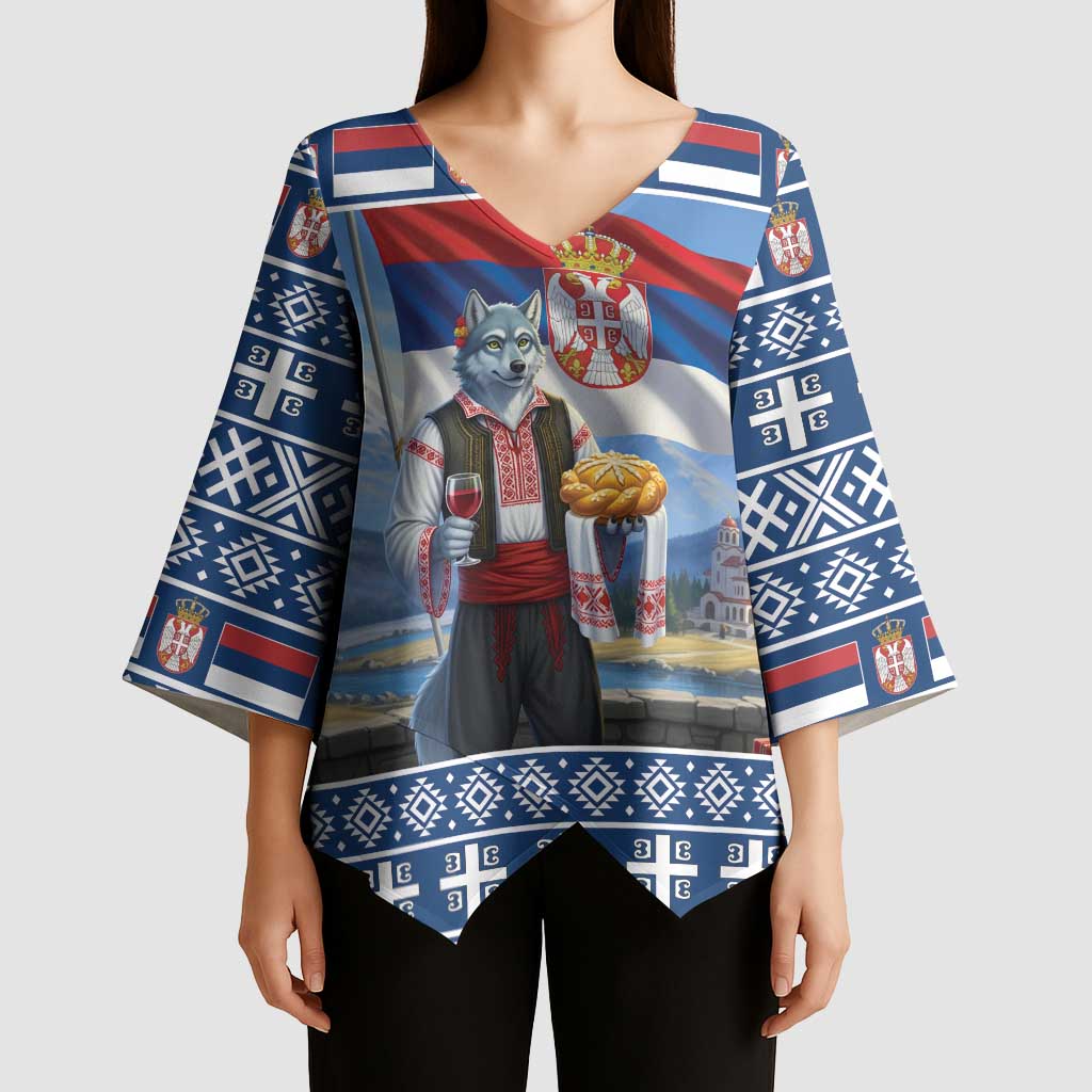 Serbia Christmas Wolf Kimono Sleeve Blouse Vuk Serbian Mascot - Wonder Print Shop
