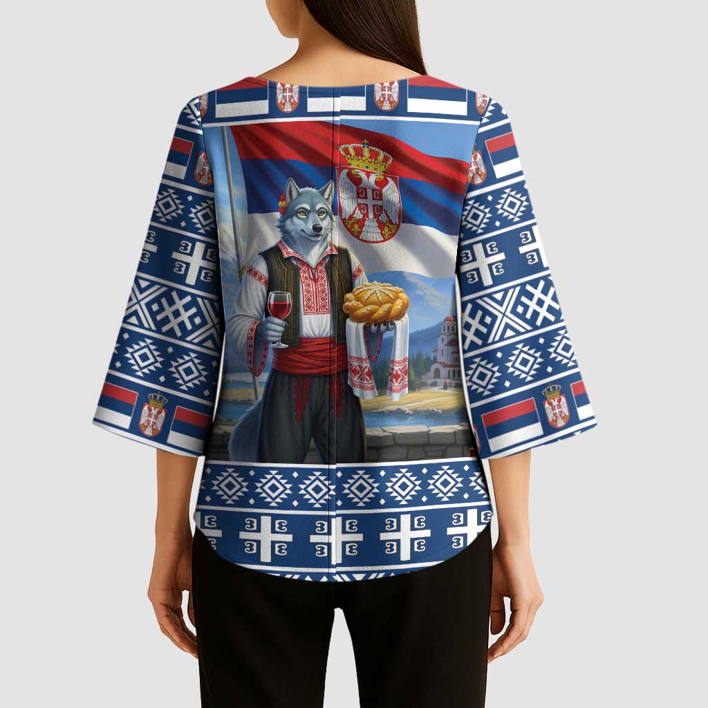 Serbia Christmas Wolf Kimono Sleeve Blouse Vuk Serbian Mascot - Wonder Print Shop