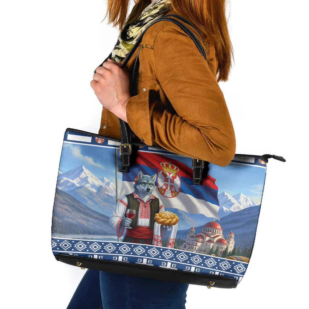 Serbia Christmas Wolf Leather Tote Bag Vuk Serbian Mascot - Wonder Print Shop