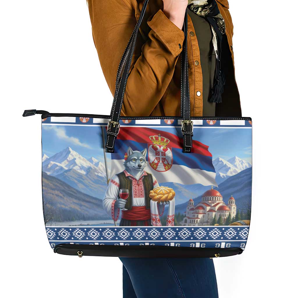 Serbia Christmas Wolf Leather Tote Bag Vuk Serbian Mascot - Wonder Print Shop