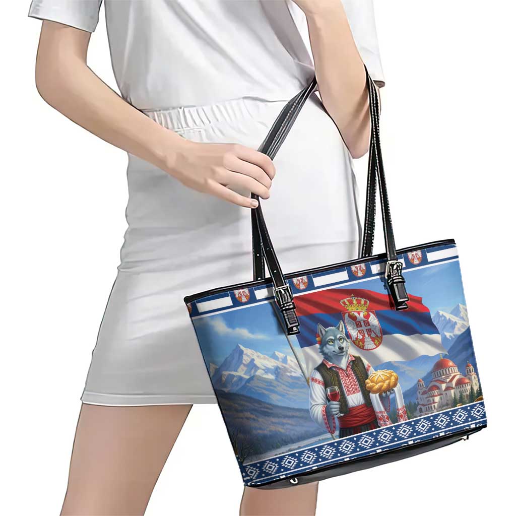 Serbia Christmas Wolf Leather Tote Bag Vuk Serbian Mascot - Wonder Print Shop
