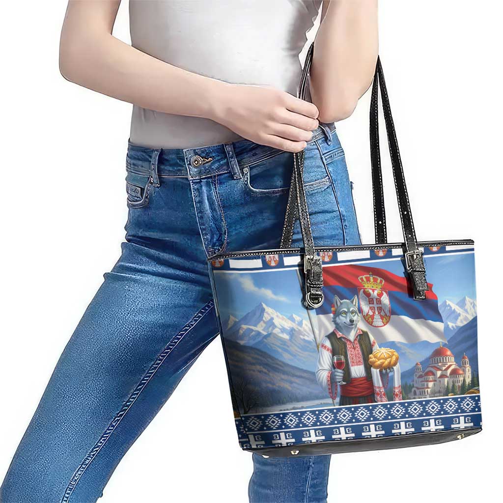 Serbia Christmas Wolf Leather Tote Bag Vuk Serbian Mascot - Wonder Print Shop