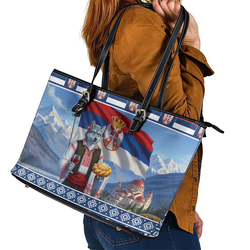 Serbia Christmas Wolf Leather Tote Bag Vuk Serbian Mascot - Wonder Print Shop