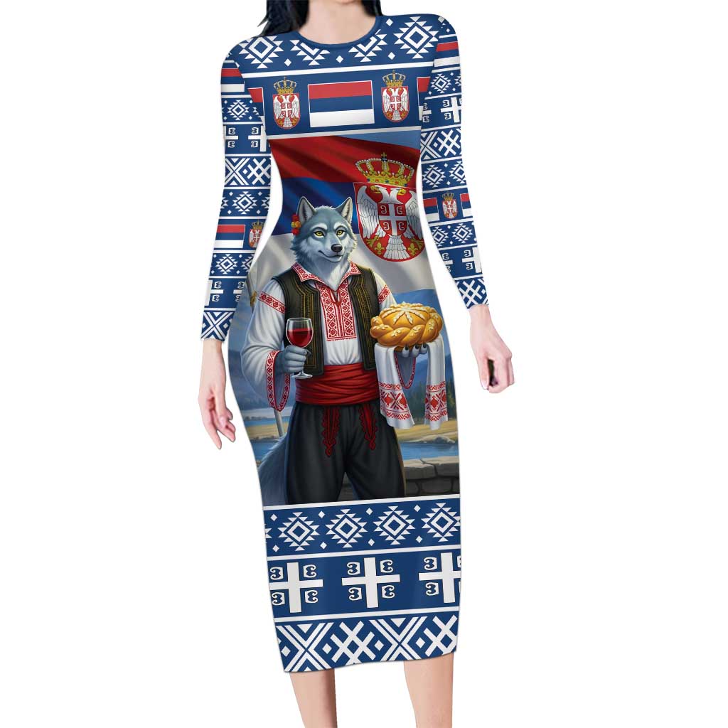 Serbia Christmas Wolf Long Sleeve Bodycon Dress Vuk Serbian Mascot - Wonder Print Shop