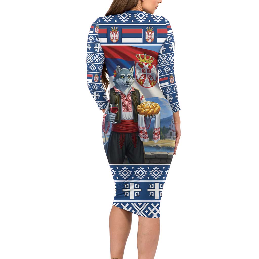 Serbia Christmas Wolf Long Sleeve Bodycon Dress Vuk Serbian Mascot - Wonder Print Shop