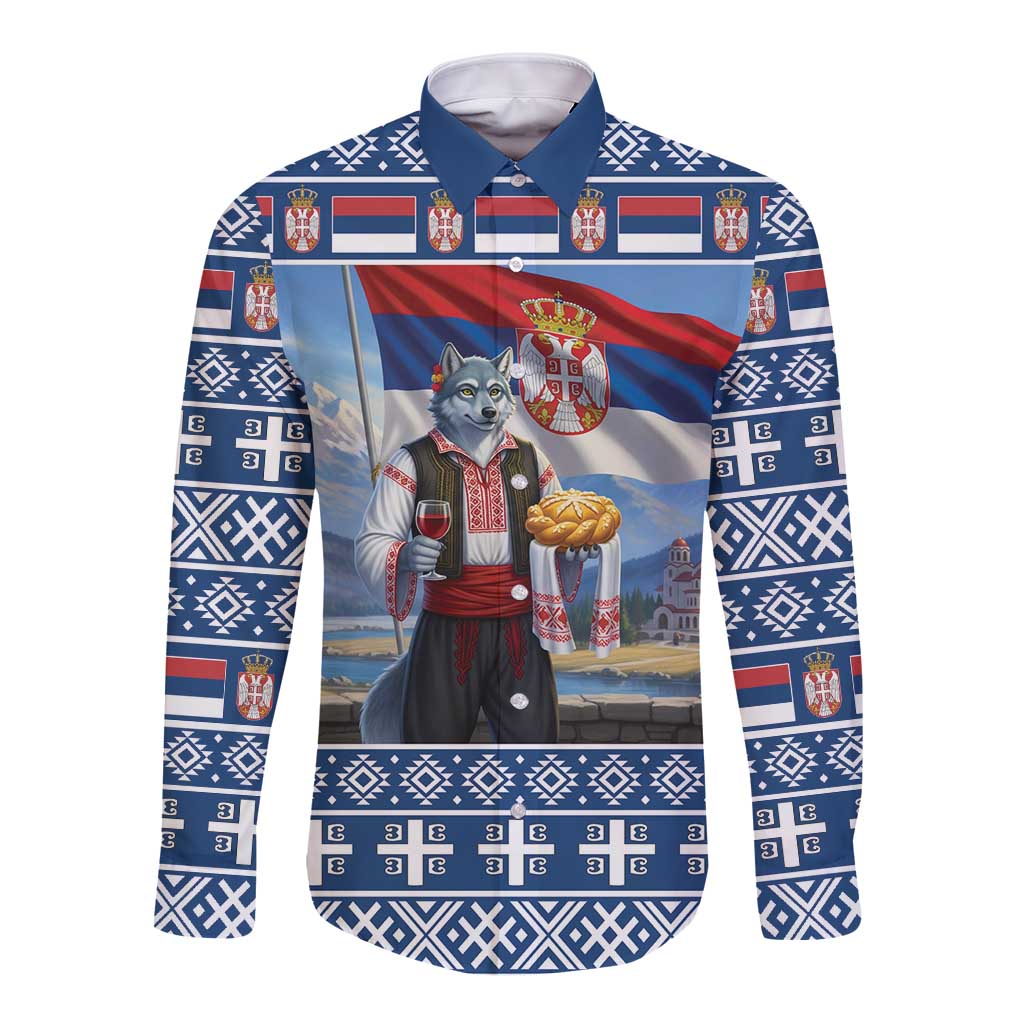 Serbia Christmas Wolf Long Sleeve Button Shirt Vuk Serbian Mascot - Wonder Print Shop