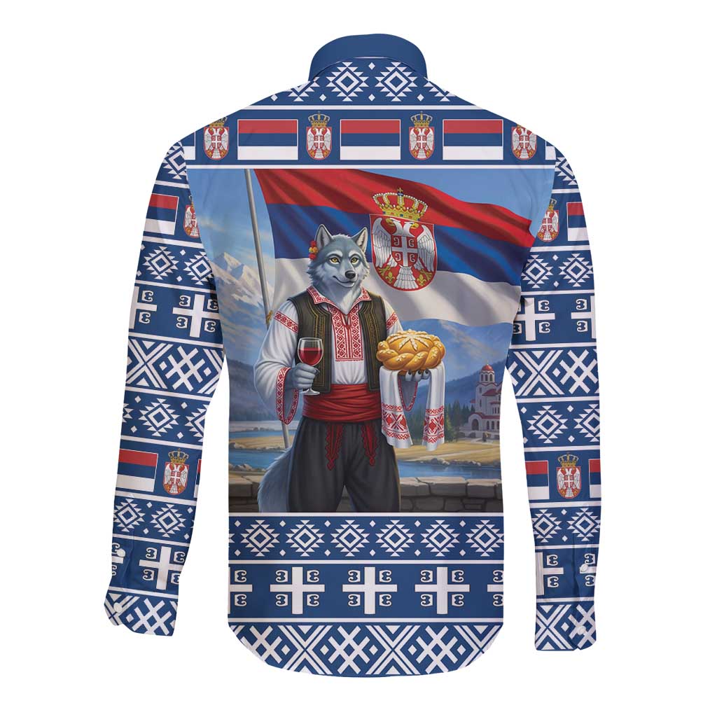 Serbia Christmas Wolf Long Sleeve Button Shirt Vuk Serbian Mascot - Wonder Print Shop
