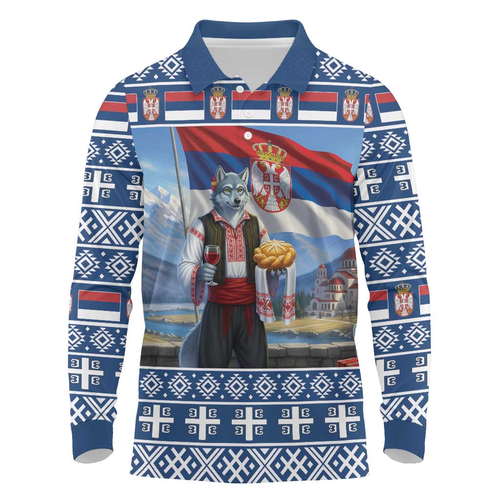 Serbia Christmas Wolf Long Sleeve Polo Shirt Vuk Serbian Mascot - Wonder Print Shop