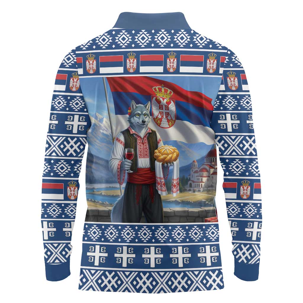 Serbia Christmas Wolf Long Sleeve Polo Shirt Vuk Serbian Mascot - Wonder Print Shop