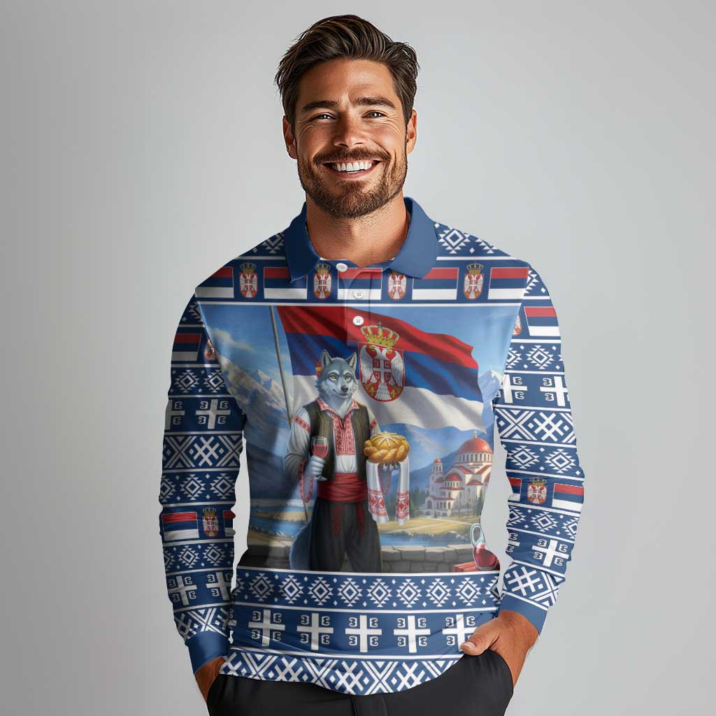 Serbia Christmas Wolf Long Sleeve Polo Shirt Vuk Serbian Mascot - Wonder Print Shop