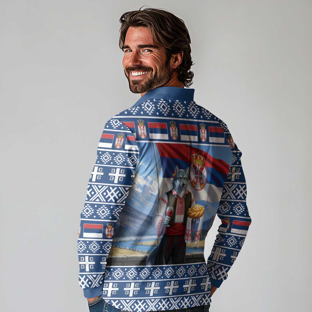 Serbia Christmas Wolf Long Sleeve Polo Shirt Vuk Serbian Mascot - Wonder Print Shop