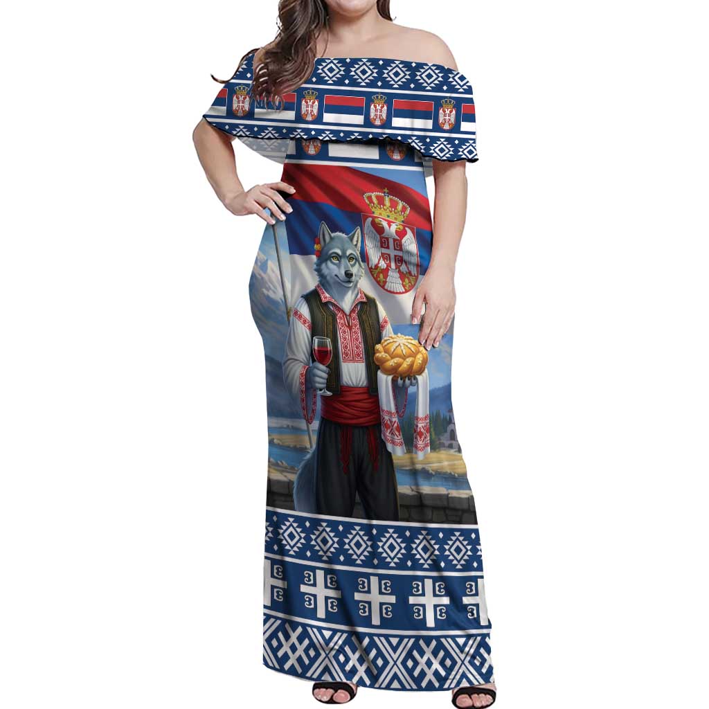 Serbia Christmas Wolf Off Shoulder Maxi Dress Vuk Serbian Mascot - Wonder Print Shop