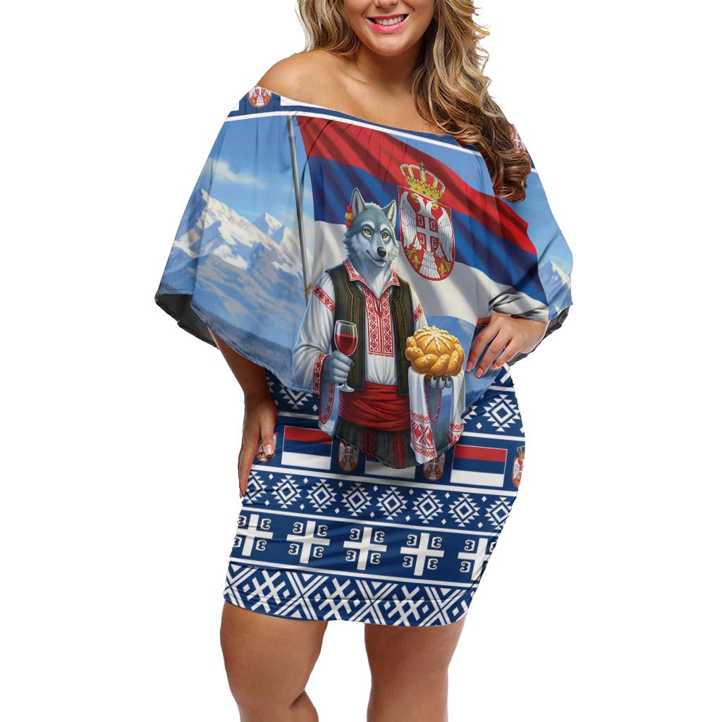 Serbia Christmas Wolf Off Shoulder Short Dress Vuk Serbian Mascot - Wonder Print Shop