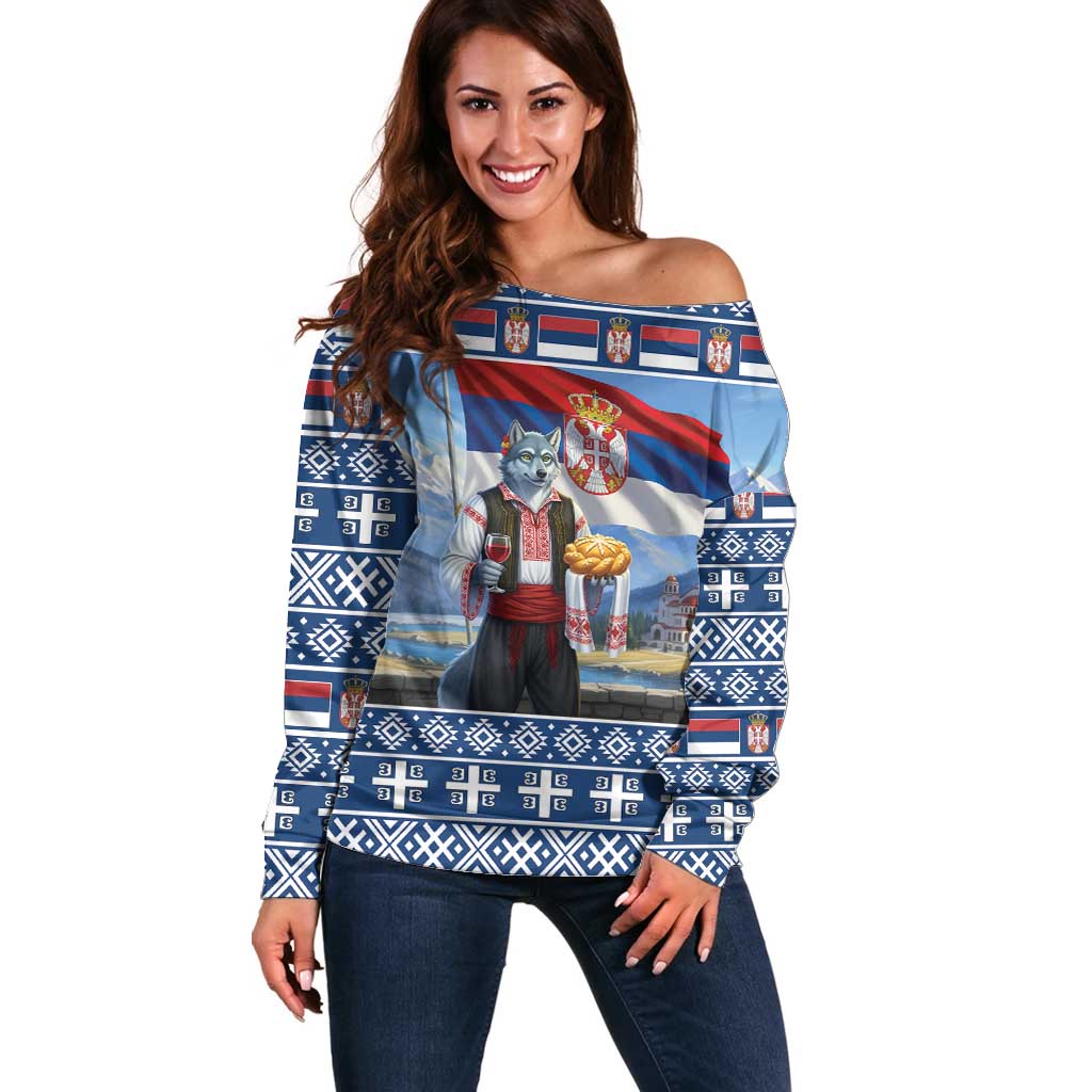 Serbia Christmas Wolf Off Shoulder Sweater Vuk Serbian Mascot - Wonder Print Shop