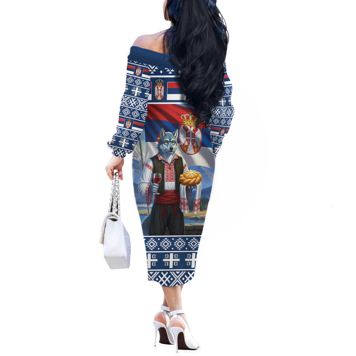 Serbia Christmas Wolf Off The Shoulder Long Sleeve Dress Vuk Serbian Mascot - Wonder Print Shop