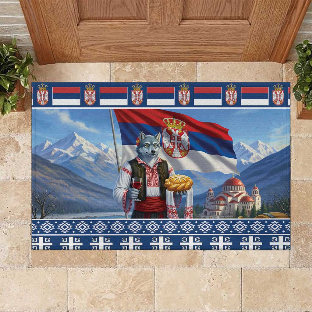 Serbia Christmas Wolf Rubber Doormat Vuk Serbian Mascot - Wonder Print Shop