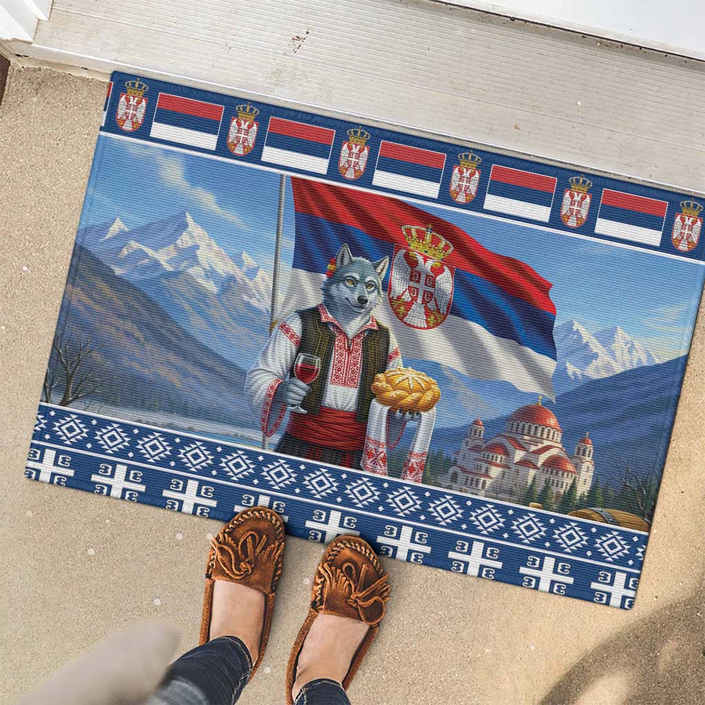 Serbia Christmas Wolf Rubber Doormat Vuk Serbian Mascot - Wonder Print Shop