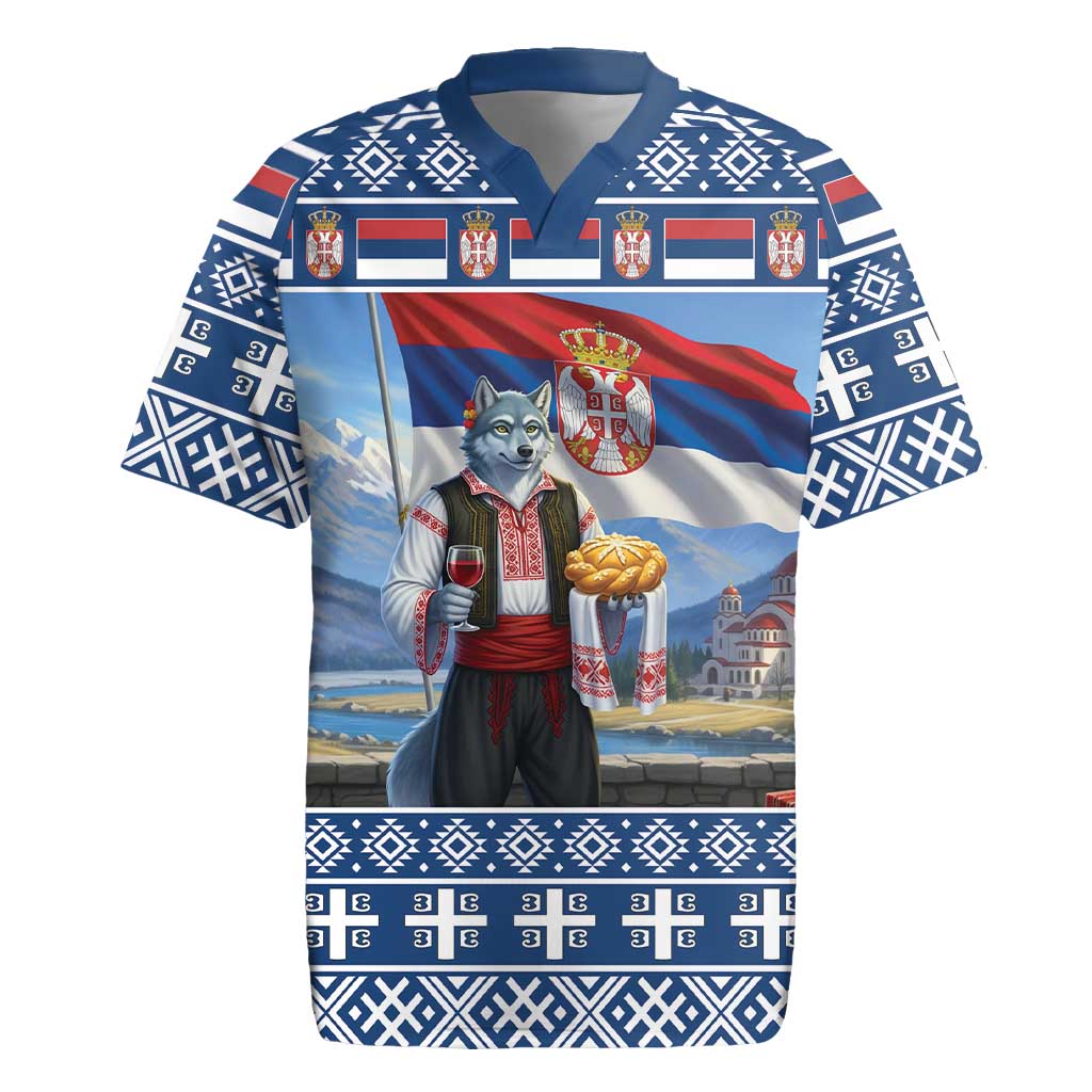 Serbia Christmas Wolf Rugby Jersey Vuk Serbian Mascot - Wonder Print Shop