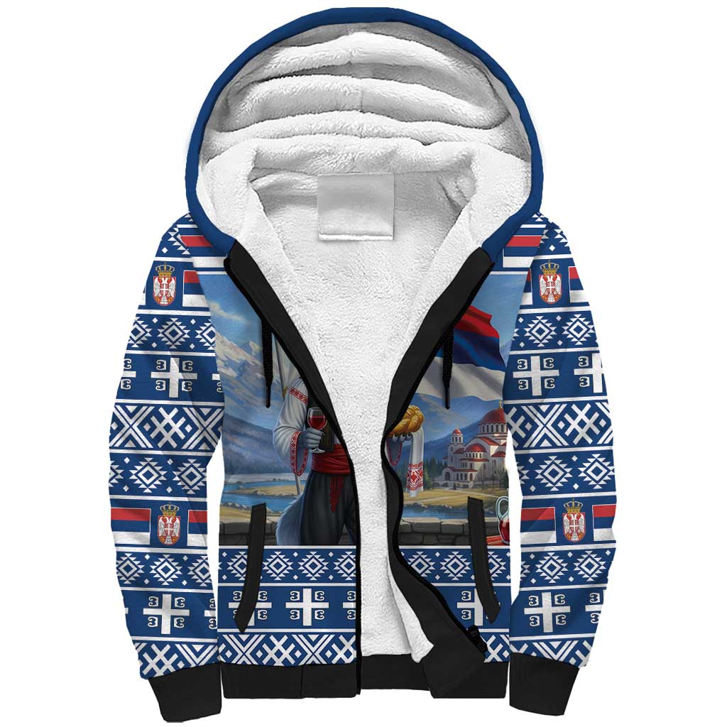 Serbia Christmas Wolf Sherpa Hoodie Vuk Serbian Mascot - Wonder Print Shop