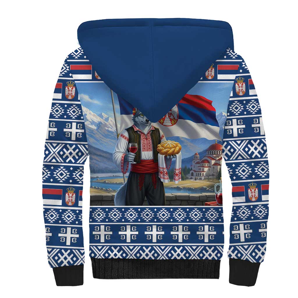 Serbia Christmas Wolf Sherpa Hoodie Vuk Serbian Mascot - Wonder Print Shop
