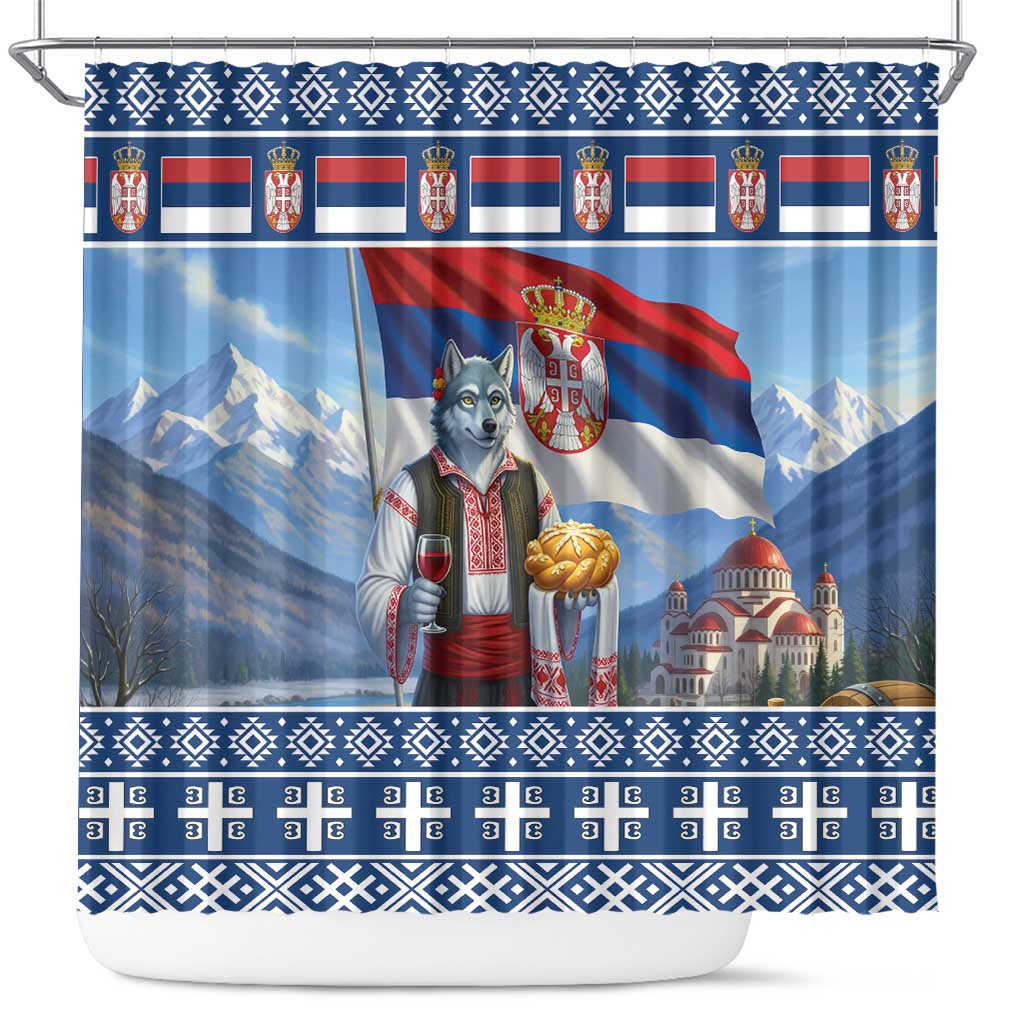 Serbia Christmas Wolf Shower Curtain Vuk Serbian Mascot - Wonder Print Shop