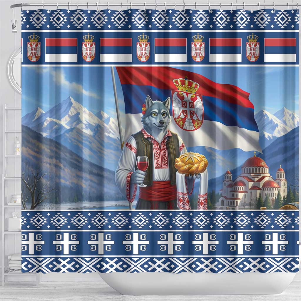 Serbia Christmas Wolf Shower Curtain Vuk Serbian Mascot - Wonder Print Shop