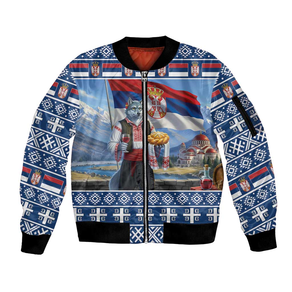 Serbia Christmas Wolf Sleeve Zip Bomber Jacket Vuk Serbian Mascot - Wonder Print Shop