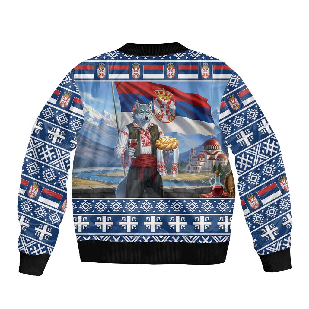 Serbia Christmas Wolf Sleeve Zip Bomber Jacket Vuk Serbian Mascot - Wonder Print Shop