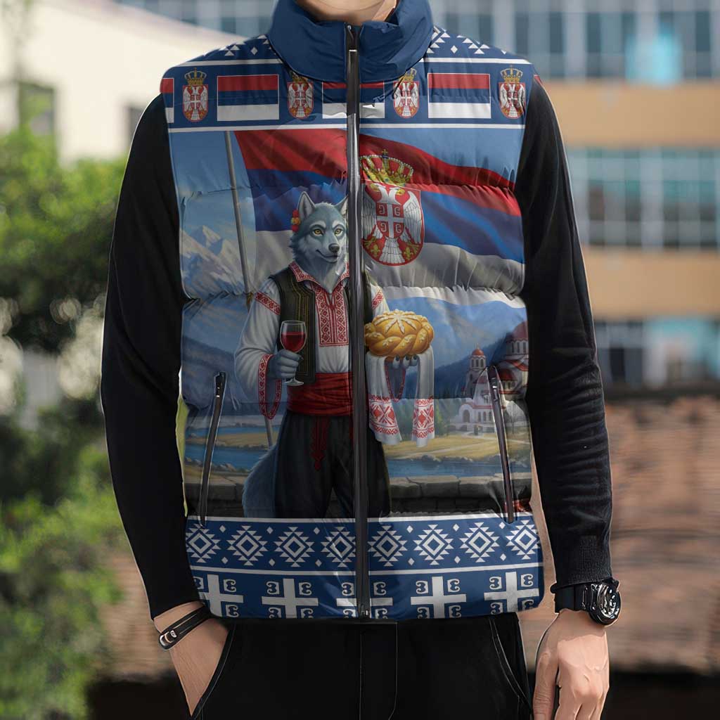 Serbia Christmas Wolf Sleeveless Puffer Jacket Vuk Serbian Mascot - Wonder Print Shop