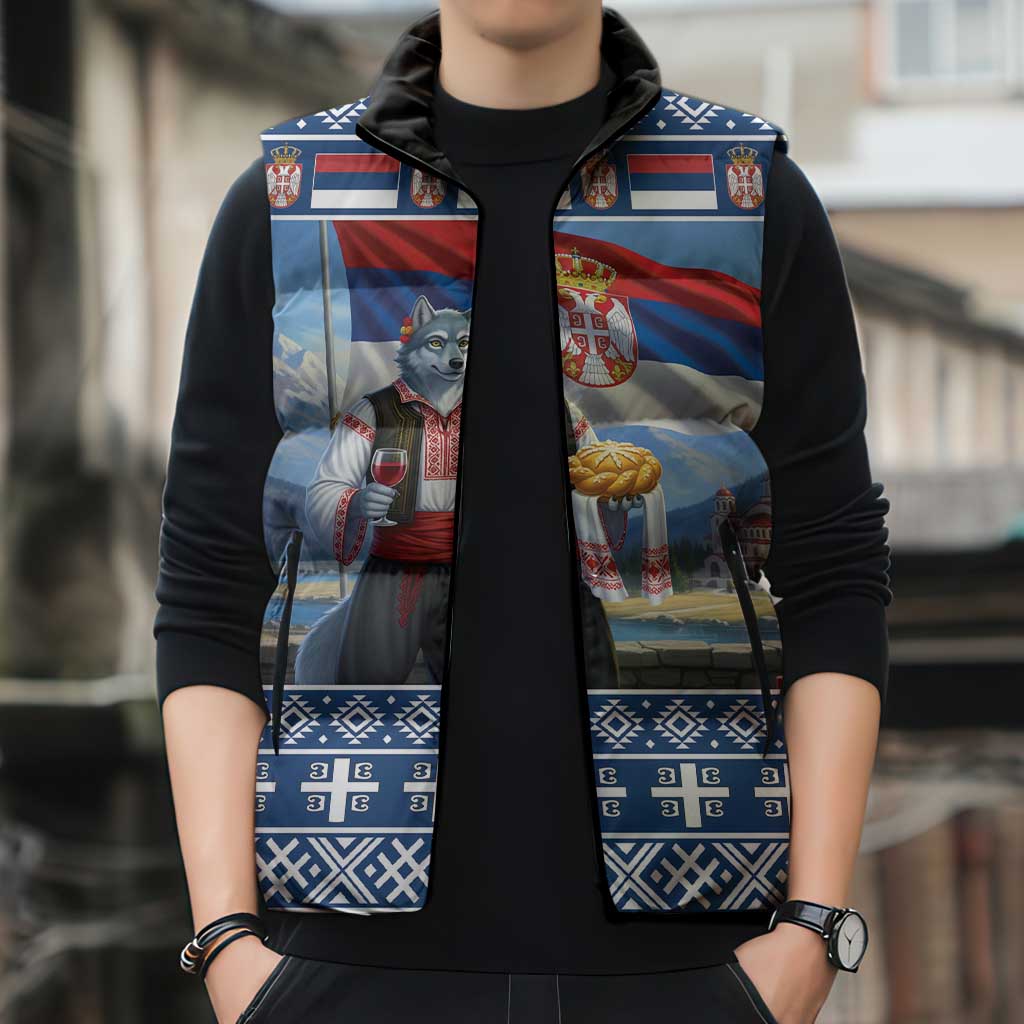 Serbia Christmas Wolf Sleeveless Puffer Jacket Vuk Serbian Mascot - Wonder Print Shop