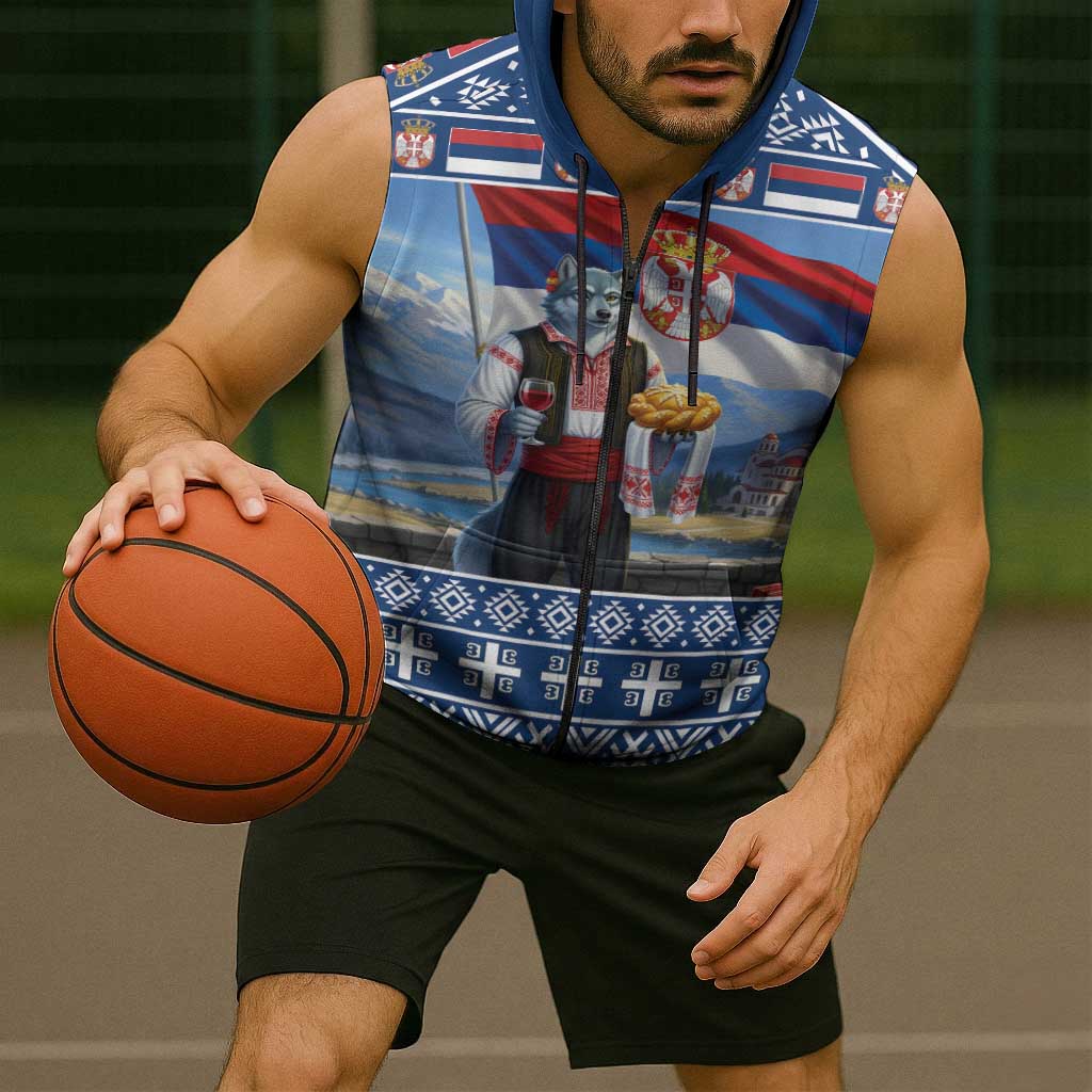 Serbia Christmas Wolf Sleeveless Zip Hoodie Vuk Serbian Mascot - Wonder Print Shop