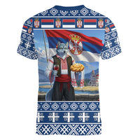 Serbia Christmas Wolf Women V-Neck T-Shirt Vuk Serbian Mascot - Wonder Print Shop