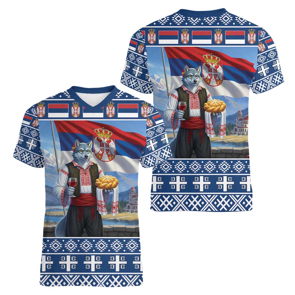 Serbia Christmas Wolf Women V-Neck T-Shirt Vuk Serbian Mascot - Wonder Print Shop