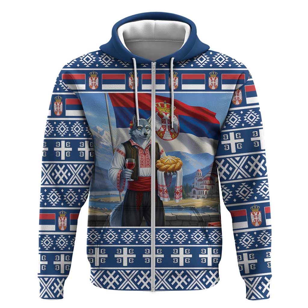 Serbia Christmas Wolf Zip Hoodie Vuk Serbian Mascot - Wonder Print Shop