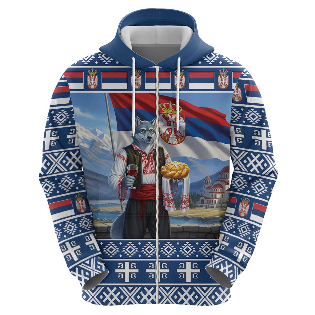 Serbia Christmas Wolf Zip Hoodie Vuk Serbian Mascot - Wonder Print Shop